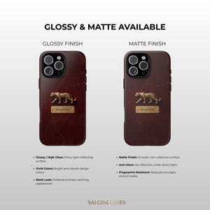 May include: Two smartphone cases with a dark red marble pattern, featuring a gold leopard emblem and a rectangular nameplate with the text Seraphine. One case has a glossy finish and the other has a matte finish. Text includes GLOSSY & MATTE AVAILABLE.