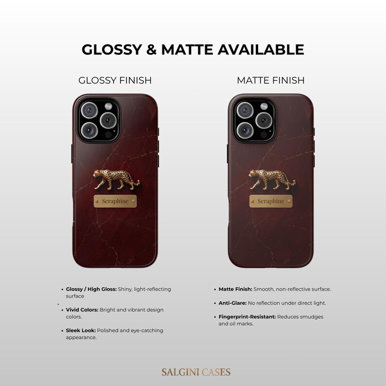 May include: Two smartphone cases with a dark red marble pattern, featuring a gold leopard emblem and a rectangular nameplate with the text Seraphine. One case has a glossy finish and the other has a matte finish. Text includes GLOSSY & MATTE AVAILABLE.