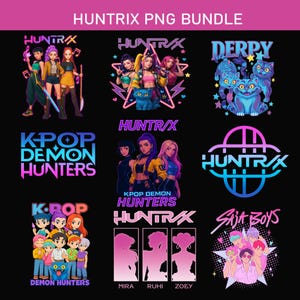 May include: A set of digital graphics with K-Pop-inspired illustrations and logos. The designs use bright colours and include text such as "HUNTRIX" and "K-POP DEMON HUNTERS", along with character silhouettes, all on a black background.