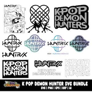 Puede incluir: Una colección de diseños SVG en blanco y negro de K-Pop Demon Hunters. Incluye varios logotipos e ilustraciones, como el texto "HUNTRX" y "K-Pop Demon Hunters". La parte inferior de la imagen dice "K POP DEMON HUNTER SVG BUNDLE".