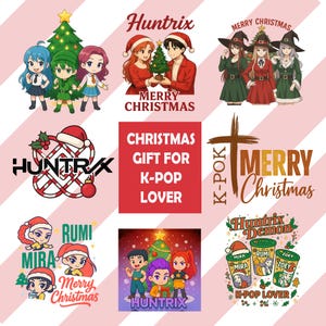 Pode incluir: Uma coleção de gráficos com tema natalino com personagens de desenhos animados e texto. Os designs incluem "Merry Christmas", "Christmas Gift for K-Pop Lover" e "Huntrix". A paleta de cores inclui vermelho, verde e dourado.