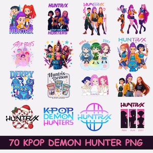 May include: A collection of colorful digital illustrations featuring K-Pop-themed characters and logos. The designs include various groups and individual characters, with text overlays such as "HUNTRIX," "K-POP DEMON HUNTERS," and "70 KPOP DEMON HUNTER PNG."