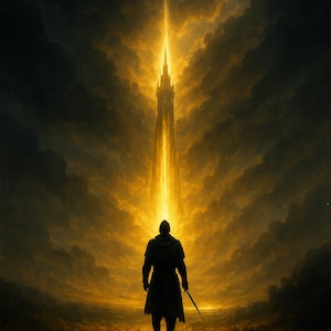 May include: Digital art depicting a silhouetted figure standing before a glowing tower, with the text "Every legend begins with a whisper of light." and "THE AWAKENING" in gold lettering. The background is a dramatic, cloudy sky.