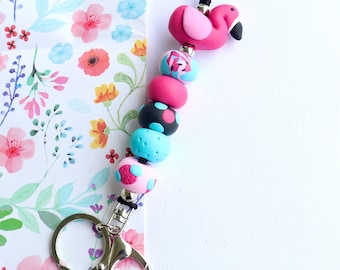 Flirty Flamingo Lanyard | Handmade Polymer Clay ID Holder Inspired by Pop Culture | Gift for Teachers | Cute Work Lanyard