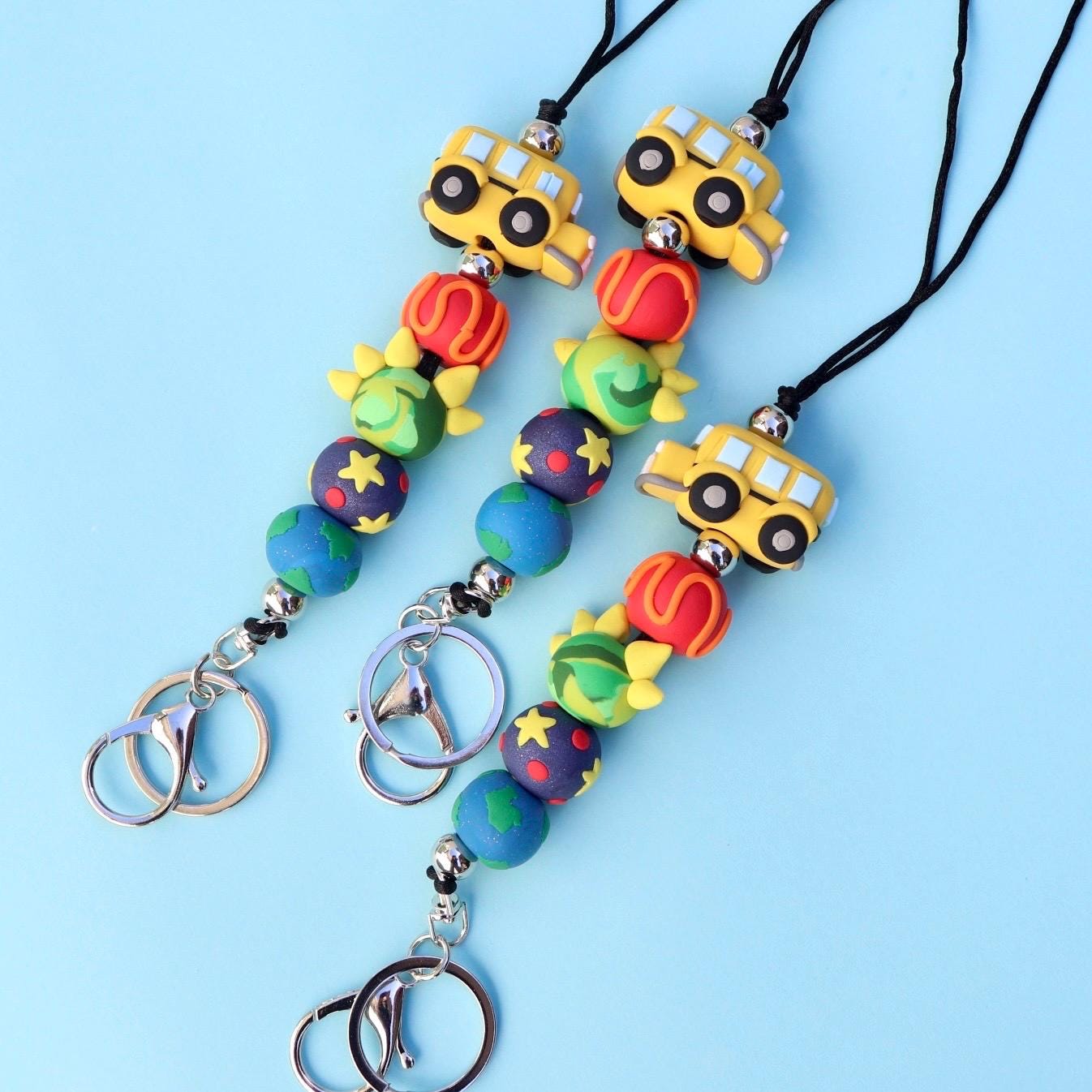 Cosmic School Bus Magic Lanyard | Handmade Polymer Clay ID Holder Inspired by Pop Culture | Gift for Teachers | Cute Work Lanyard