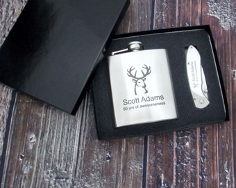 Engraved Flask & Buck Nobleman Knife Gift Set - Groomsman Gift - Father's Day - Recognition Gift