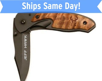 Boyfriend Gift Personalized Knife - Wood inlay handle, black blade, personalized pocket knife with wood handle - Mens Gift - Valentines Gift