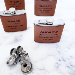 Personalized Leather and Stainless Steel Flask Includes Free Gift Box & Funnel - Custom Engraved Groomsman Flask - Bridesmaid Flask