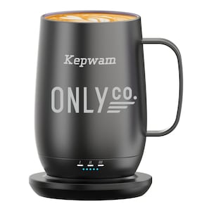 May include: A black coffee mug with the text "Kepwam" and "ONLY co." printed on the side. The mug is filled with coffee and sits on a black charging base with blue indicator lights. The mug has a handle.
