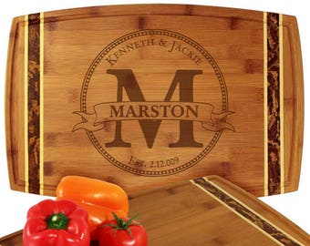 Monogram Cutting Board 18x11&quot; Marbled Inlay Bamboo - Beautiful Engraved Couple Gift  - Personalized with Custom Initial and Names