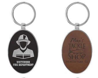 Personalized Oval Leather & Metal Keychain - Custom Engraved Groomsman Gift - Bridesmaid Gift - Wedding Favor - Best Man Gift