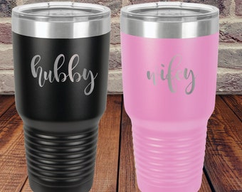 Hubby and Wifey Couples 30 oz Coffee Mugs - Personalized Valentine's Day Gift - Travel Tumbler with Lid - His and Hers Anniversary Gift