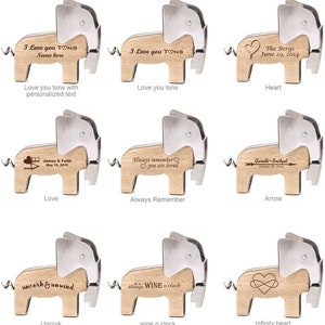 Puede incluir: Conjunto de diez abridores de botellas de madera con forma de elefante con diferentes dise&ntilde;os grabados. Los dise&ntilde;os incluyen "I Love you TONS", "Love you tons", "Heart", "Love", "Always Remember", "Arrow", "Uncork & unwind", "It's always WINE o'clock", and "Infinity heart".