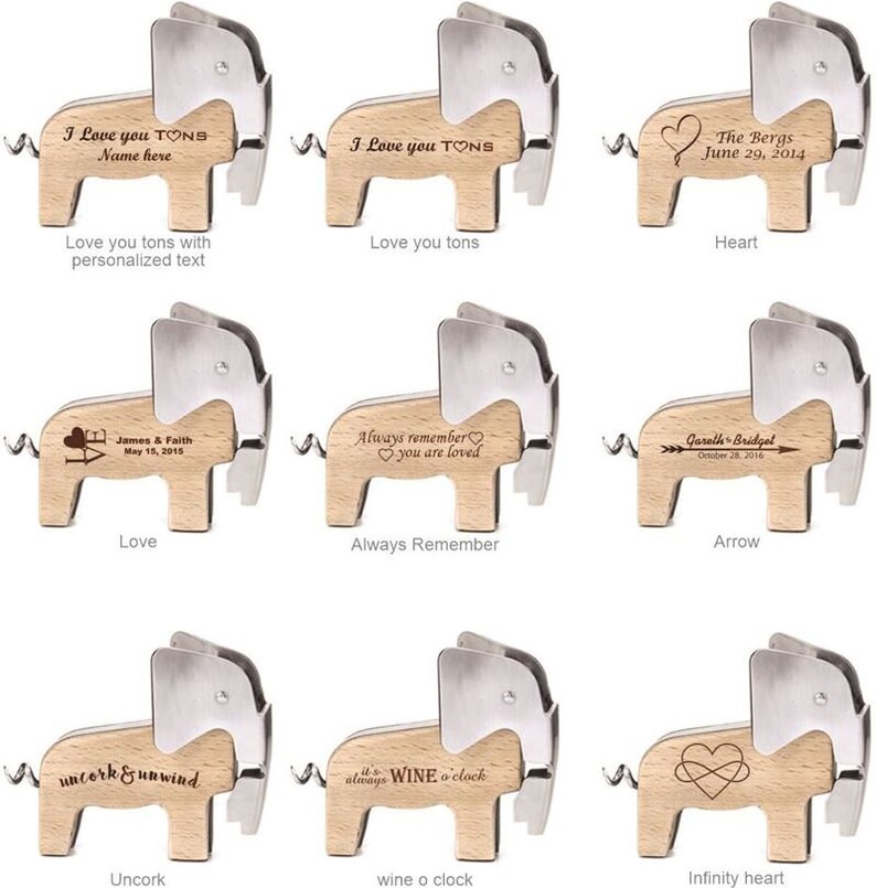 Puede incluir: Conjunto de diez abridores de botellas de madera con forma de elefante con diferentes dise&ntilde;os grabados. Los dise&ntilde;os incluyen "I Love you TONS", "Love you tons", "Heart", "Love", "Always Remember", "Arrow", "Uncork & unwind", "It's always WINE o'clock", and "Infinity heart".