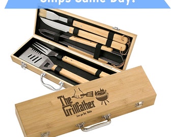 Bamboo 5 piece BBQ Set personalized "Grillfather" design, Godfather style custom BBQ tools set, Father's Day BBQ gift, grilling gift