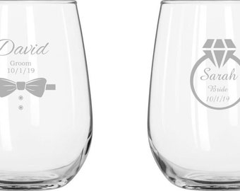 Engraved 17oz Stemless Wine Glasses - Custom Wine Glasses - Wedding Party Gift - His & Her Wine Glasses - Personalized Wine Glasses