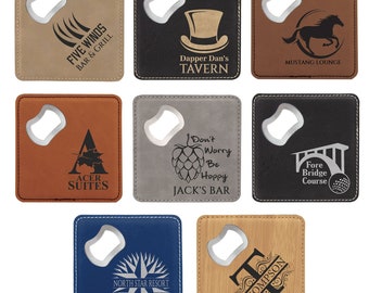 Set of 25 Square Leatherette Bottle Opener Coasters | Housewarming Gift | Personalized Coasters