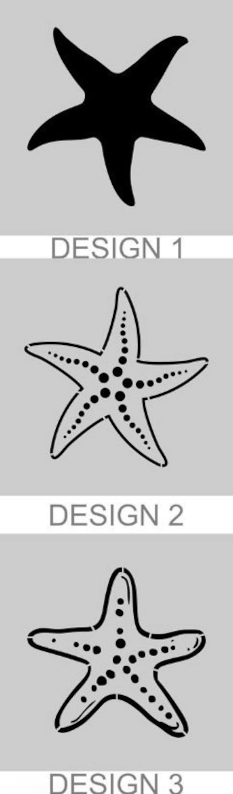 May include: Three different designs for a starfish stencil. The first design is a simple outline of a starfish. The second design is a starfish with dots on the arms. The third design is a starfish with dots on the arms and a more detailed outline.