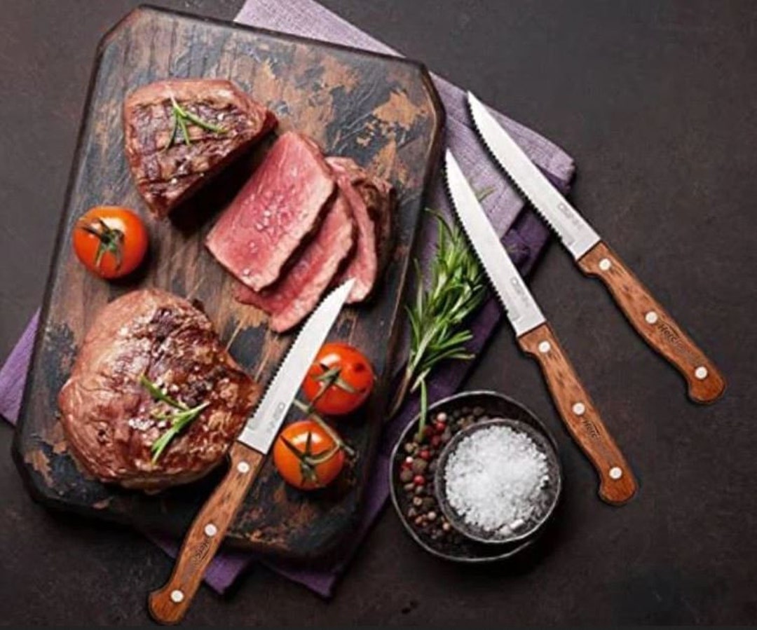 8 Piece Wood Handle Engraved Steak Knives Set, Personalized Steak