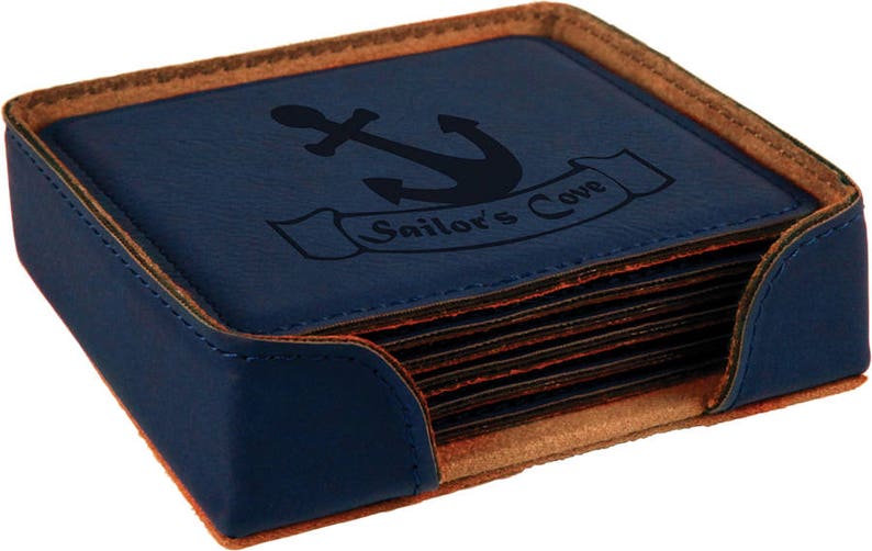 Personalized Wedding Favor Housewarming Coaster Set of 4 Engraved Coasters Personalized Leatherette Coaster Set Engraved Coaster