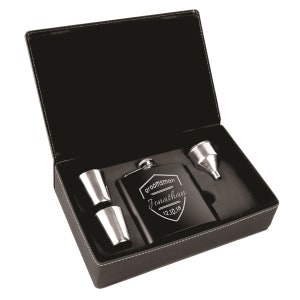 Custom Shield Design Groomsman Flask Gift Set, laser etched flask, unique groomsman gift, best man gift, wedding favor