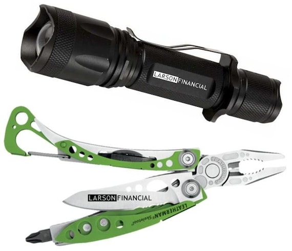 A curated engraved Leatherman bundled with a rechargeable flashlight in a gift-ready set — a genuinely premium, thoughtful package that feels like it was assembled with intention.