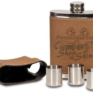 Engraved Leather and Stainless Steel Flask with Shotglasses - Personalized Groomsman Flask - Personalized Bridesmaid Flask - Wedding Flask