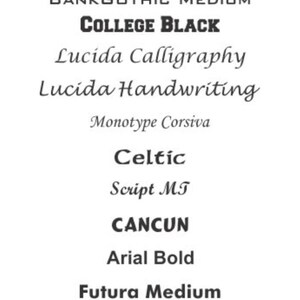 May include: A list of font options for a design project. The fonts include BankGothic Medium, College Black, Lucida Calligraphy, Lucida Handwriting, Monotype Corsiva, Celtic, Script MT, Cancun, Arial Bold, Futura Medium, Times New Roman Bold, Verdana Bold, and Verdana Bold Italic.