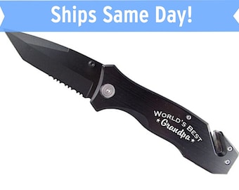 World's Best Grandpa Black Tactical Rescue Knife - Tactical Groomsman Knife - Engraved Survival Knife - Personalized Rescue Knife