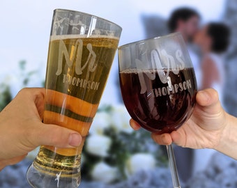 Couples Beer & Wine Glasses Set, Personalized Toasting Glasses, Wedding Gift
