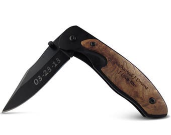 14 Of Personalized Knife Custom Engraved Black Blade Wood Inlay Knife - personalized pocket knife with wood handle - groomsmen gift knife