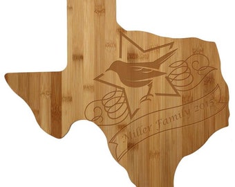 Planche à découper Texas personnalisée - planche à découper en bambou en forme de Texas gravée sur mesure - cadeau de mariage, cadeau de couple, cadeau de pendaison de crémaillère