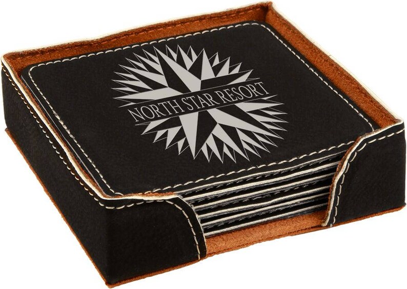 Personalized Wedding Favor Housewarming Coaster Set of 4 Engraved Coasters Personalized Leatherette Coaster Set Engraved Coaster