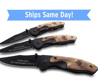 Personalized Knife Custom Engraved Black Blade Wood Inlay Knife - personalized pocket knife with wood handle - groomsmen gift knife