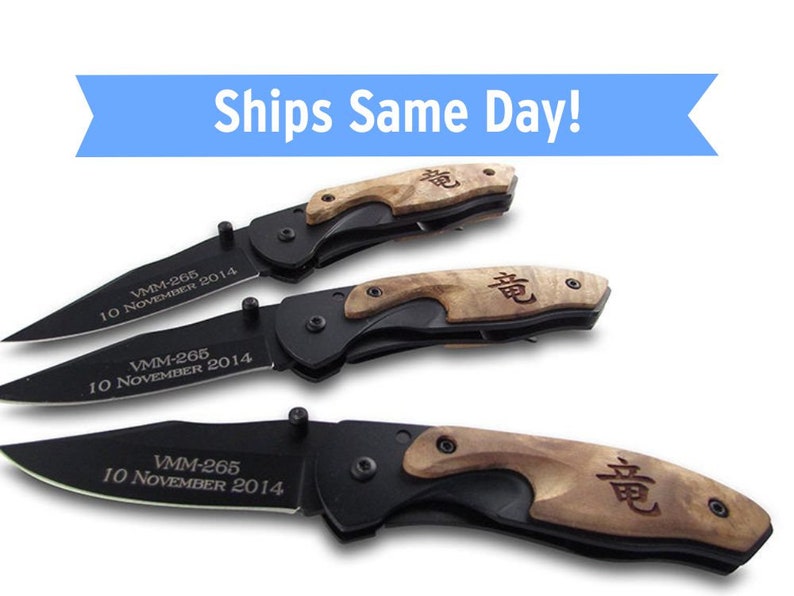 Personalized Knife Custom Engraved Black Blade Wood Inlay Knife - personalized pocket knife with wood handle - groomsmen gift knife 