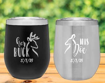 Her Buck His Doe Personalized Couples Wine Tumblers - 12oz Insulated Wine Cups with Lids - Valentine's Day Gift - Wedding Gift