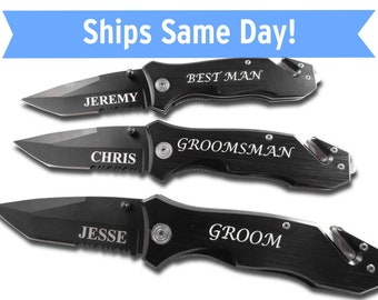 Couteau de sauvetage noir Groomsmen Gift - Couteau Groomsman personnalisé - Couteau de survie gravé - Couteau de sauvetage personnalisé