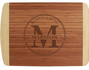 Engraved Circle Monogram Cutting Board 18x12" with Groove - Classic Wedding Gift with Custom Initial and Names