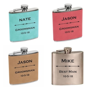 Personalized Leather Flask Includes Free Gift Box & Funnel - Custom Engraved Groomsman Flask Gift Set - Wedding Groomsmen Gift Flask For Men