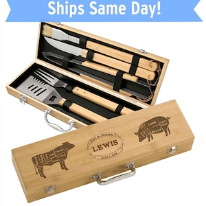 Personalized Grill Set Bamboo 5 piece BBQ Gift Set - Engraved Wedding BBQ Set - Personalized Family Christmas Gift - custom grilling gifts