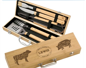 Personalized Grill Set Bamboo 5 piece BBQ Gift Set - Engraved Wedding BBQ Set - Personalized Family Christmas Gift - custom grilling gifts