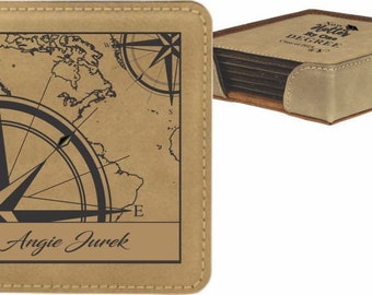 Personalized Map and Compass Coasters - Choose Single or Set - Square Coaster Set With Holder - Travel Gift - Map Gifts