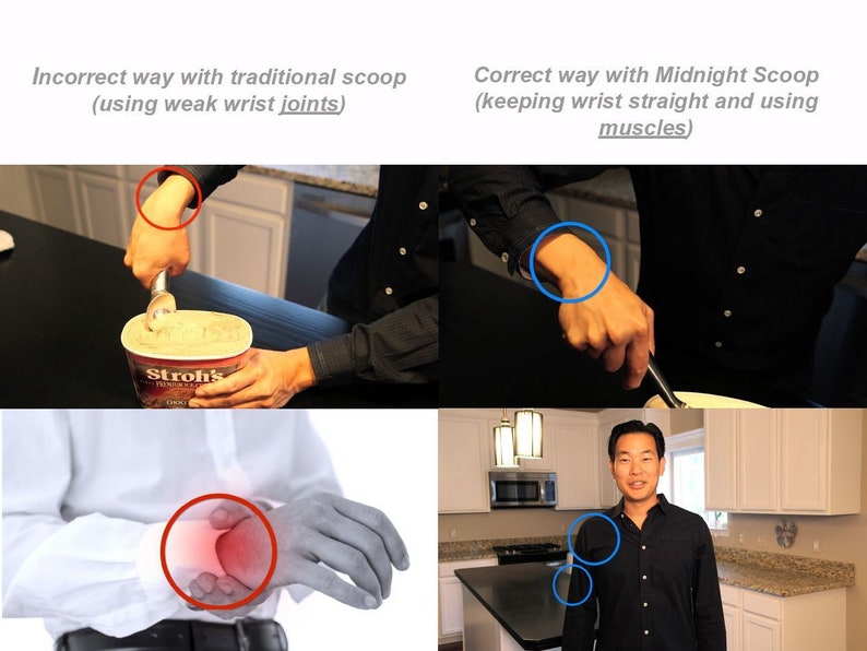 May include: Two images show the correct and incorrect way to use an ice cream scoop. The incorrect way shows a person bending their wrist to scoop ice cream, which can cause wrist pain. The correct way shows a person using a straight wrist to scoop ice cream, which is less likely to cause wrist pain.
