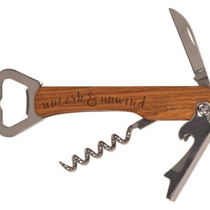 Wood 4-Function &quot;Uncork & Unwind&quot; Design Custom Corkscrew - engraved wedding favor, Christmas gift, New Years favor