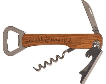 Wood 4-Function "Uncork & Unwind" Design Custom Corkscrew - engraved wedding favor, Christmas gift, New Years favor