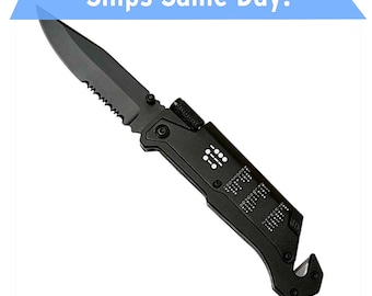 Engraved Morse Code Rescue Survival Knife - Morse Code Signal Reference - Knife with Flashlight & Firestarter - Groomsman Engraved Knife