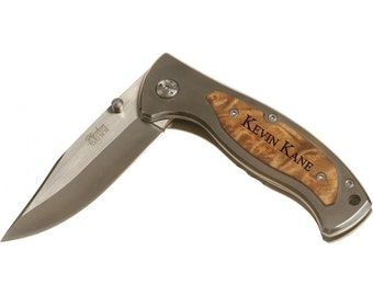 Custom Engraved Wood Inlay Pocket Knife - engraved pocket knife with burl wood handle - personalized pocket knife