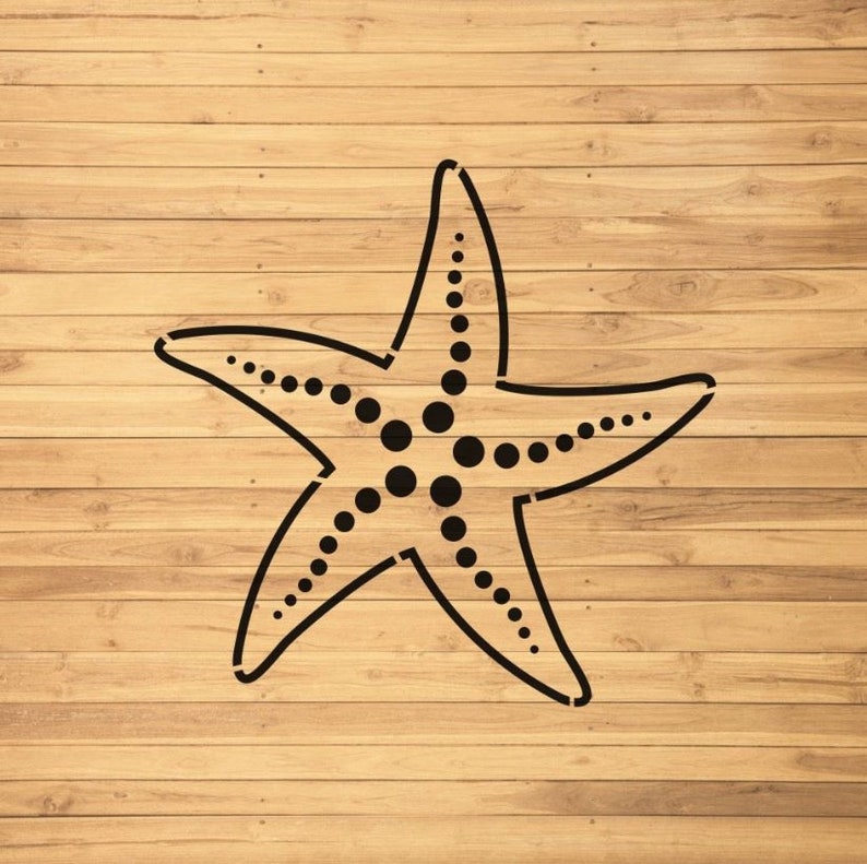 May include: A black and white silhouette of a starfish with a dotted pattern on a light brown wood background.