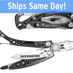 May include: A Leatherman Skeletool CX multi-tool in black and silver. One version is folded with the text GET AFTER IT, and the other is open, showing a blade with the text FOXWORTHY, 154CM steel marking, and a screwdriver bit at the end.