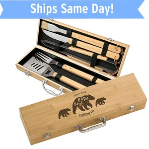 Personalized Papa Bear & Cubs 5 piece BBQ Gift Set Engraved Dad's Bamboo Grill Set Custom Father's Day Grilling Gift Set Mens Gift image 1